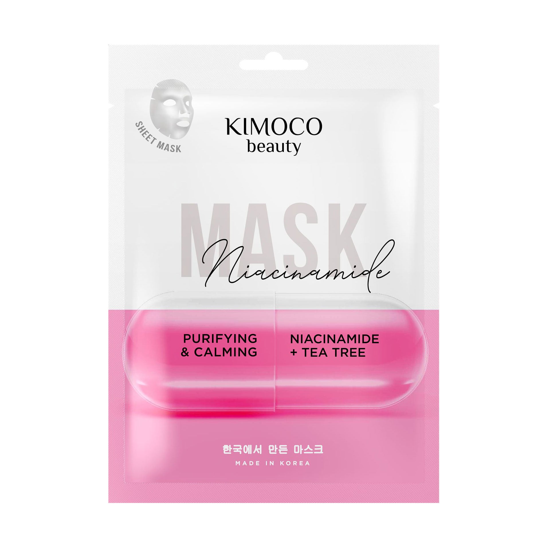 Очищувальна заспокійлива тканинна маска для обличчя Kimoco Beauty Purifying &amp; Calming Mask з ніацинамідом та чайним деревом, 23 мл